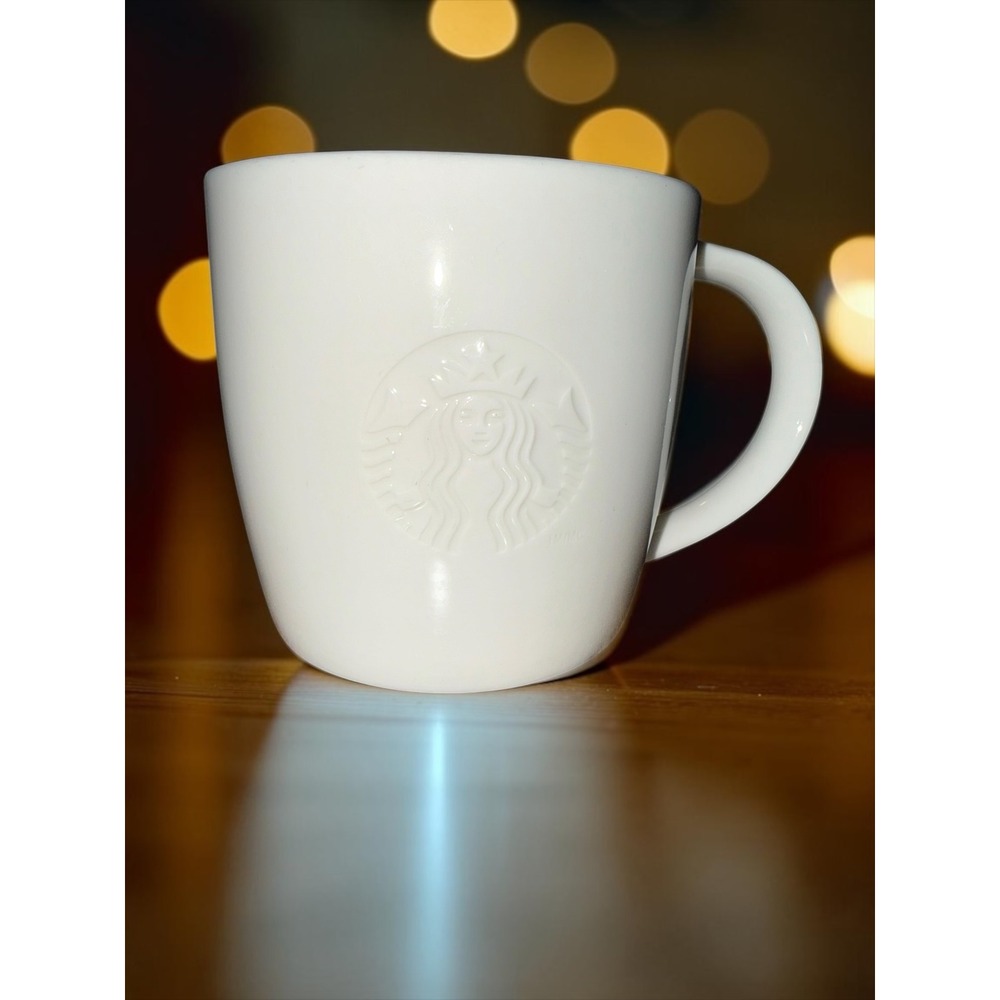 Starbucks 2010 White Embossed Siren Logo Initial G Coffee Mug Ceramic 12oz